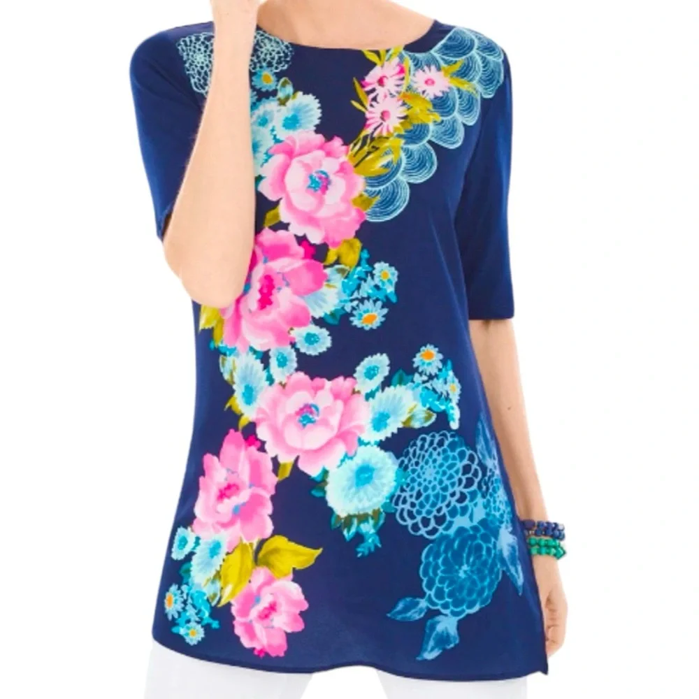 Chico’s Blue Multicolor Floral Garden Party Tunic, Size 2 Medium
